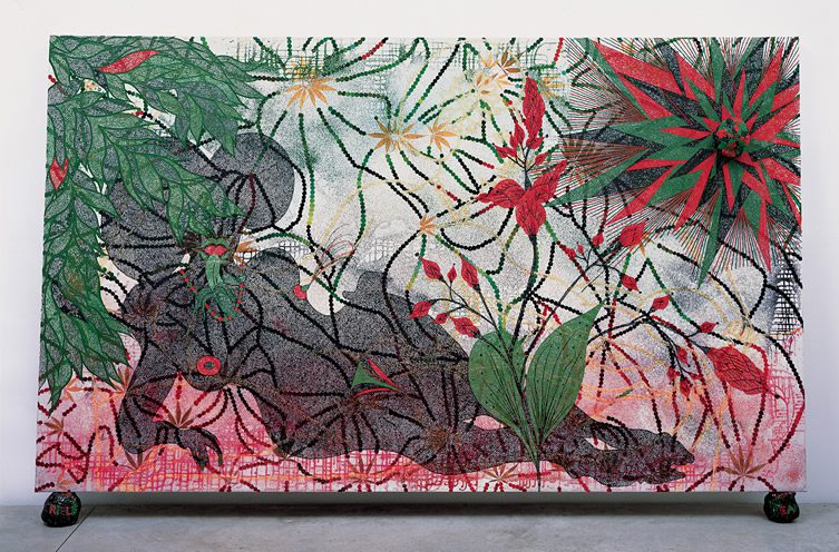 “Triple Beam Dreamer”, 2001–02, Acrylic, oil, leaves, glitter, polyester resin, map pins, and elephant dung on linen