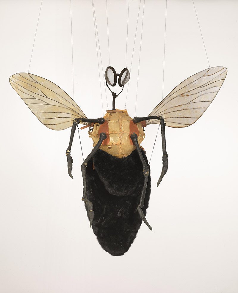 Jan Fabre, The Fly (The Costume) & The Beetle (The Costume), 1997, The Fly: metal, leather, paper, wood, hog’s bladder, bones,fur and framed photograph, The Beetle: bones, wood, metal, paper, leather, fur, textile, cigarettes, lighter and framed photograph, ca 160 h x 160 x 160 cm & ca 140 h x 125 x 160 cm, Courtesy Deweer Gallery, Otegem, Belgium