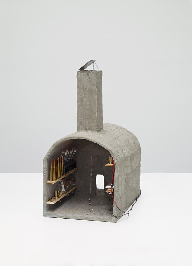 Jan Fabre, Shelter-studio with duck head and communist hammer, 1991-1992, Cement, Wood, Bic, Duck, Metal, Small Light, Hammer, Glass, Textile, Bullets, Batteries, Polyester, 60,5 h x 29 x 43,5 cm, Courtesy Deweer Gallery, Otegem, Belgium, Photo: Frederik Vercruysse), Deweer Gallery Archive