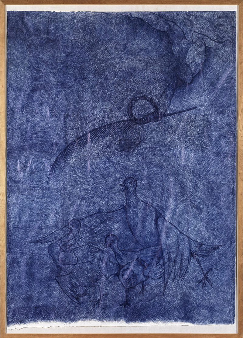 Jan Fabre, Untitled (Man with Feather and Eagle Squab), 1986, Bic ballpoint ink on paper, sheet: 210 h x 150 cm, Courtesy Deweer Gallery, Otegem, Belgium, Photo: Lieven Herreman / Copyright Angelos bvba