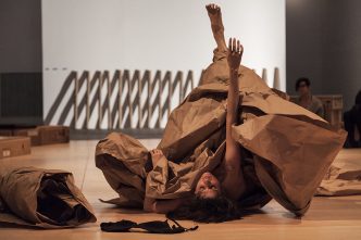 Janine Antoni in collaboration with Anna Halprin, Paper Dance, 2013, 20 April 2016 performance view from Ally, produced in collaboration with The Fabric Workshop and Museum, Photo: Carlos Avendaño, Courtesy of the artists and The Fabric Workshop and Museum, Philadelphia