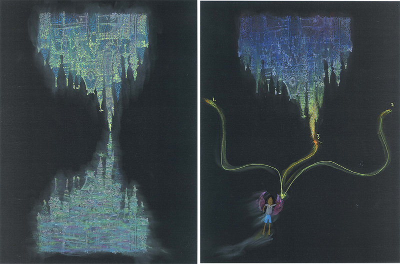 Left: Wenhao Cai, Wenhaos dream creative sketch for shanghai Disney resort,2015, © Wenhao Cai, Photo_courtesy_of_cai_studio, Bonnefantenmuseum Archive. Right: Wenhao Cai, © Wenhao Cai, Courtesy of Cai Studio, Bonnefantenmuseum Archive