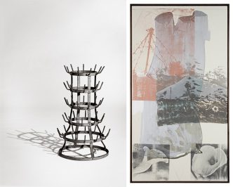 Left: Marcel Duchamp, Porte-bouteilles, 1959, Courtesy The Robert Rauschenberg Foundation, © Succession Marcel Duchamp/Adagp Paris-2016, Photo: Glenn Steigelman. Right: Robert Rauschenberg, Bovine Shine (Salvage), 1984, Courtesy Robert Rauschenberg Foundation and Galerie Thaddaeus Ropac-Paris/Salzburg, © The Robert Rauschenberg Foundation/Adagp Paris-2016