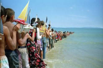 Francis Alÿs In collaboration with Rafael Ortega, Julien Devaux, Felix Blume, Ivan Boccara, Abbas Benhim, Fundación Montenmedio Arte and the kids of Tangier and Tarifa, Don’t Cross the Bridge Before You Get to the River (Videos Still) , 2008 Strait of Gibraltar, © 2016 Francis Alÿs, Photo: Roberto Rubalcava, Art Gallery of Ontario Archive