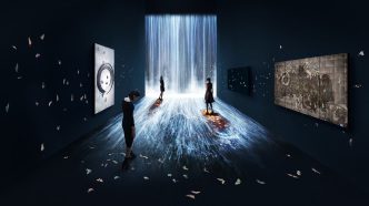teamLab, Exhibition View, 1:Flutter of Butterflies Beyond Borders, Ephemeral Life (2016), 2: Impermanent Life, 3: Enso, 4: The Void, 5: Flowers and People, Transcending Boundaries - A Whole Year per Hour 6: Universe of Water Particles, Transcending Boundaries, Photo: Courtesy teamLab, © 2016 teamLab, Courtesy Pace Gallery.