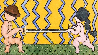 William N. Copley, Battle of the Sexes No. 2, 1974, Αcrylic on cotton, 159.1 x 286.1 cm, © 2016 Estate of William N. Copley / Copley LLC / Artists Rights Society (ARS), New York, Courtesy of William N. Copley Estate and Paul Kasmin Gallery New York