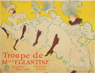 Henri de Toulouse-Lautrec, Mademoiselle Églantine’s Troupe, 1895–96, Brush, spatter, and crayon lithograph, printed in three colors, Key stone printed in turquoise, color stones in red and yellow on wove paper, 24 5⁄16 × 31 5⁄8 in, Private collection, Courtesy The Phillips Collection