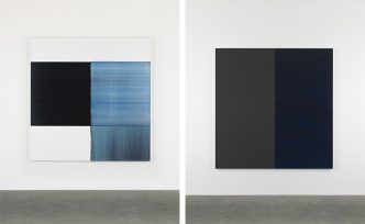 Left: Callum Innes, Exposed Painting Oriental Blue, 2017, Oil on linen, 180 x 175 cm, © Callum Innes, Courtesy: Sean Kelly-New York, Right: Callum Innes, Untitled Lamp Black No. 10, 2016, Oil on linen, 195 x 190 cm, © Callum Innes, Courtesy Sean Kelly-New York