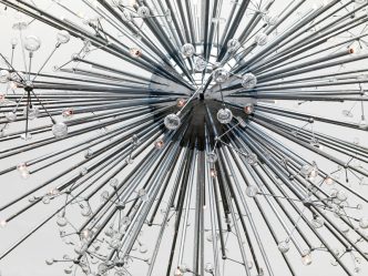 Josiah McElheny, Island Universe, 2008, Chrome plated aluminium, hand-blown and molded glass, electric lighting and rigging, Heights from floor highly specific, overall dimensions variable, © Josiah McElheny, Photo © Stephen White, Courtesy White Cube