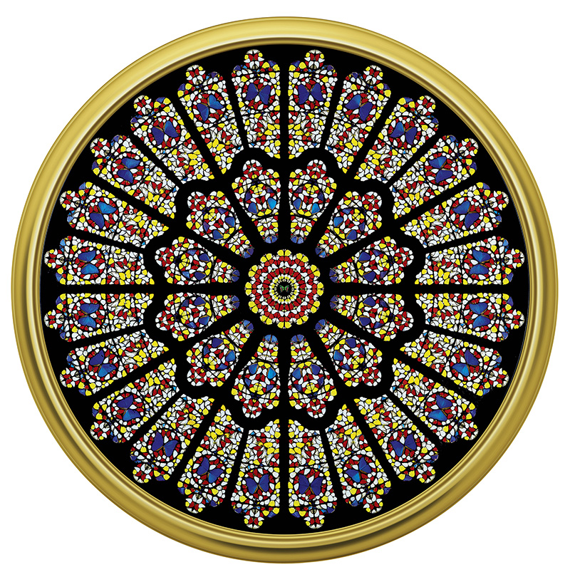 Damien Hirst, The rose window, Durham Cathedral, 2008, Painting, butterflies and metallic paint on canvas in artist’s frame, 299.2 x 299.2 x 15 cm, Courtesy Gary Tatintsian Gallery and artist studio