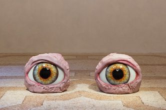 Urs Fischer, Dazzled, 2016, Glass, ceramic silkscreen medium, two-component silicone adhesive, velvet, silicone, steel pins, acrylic paint, wax, aluminum armature, 2 parts, each: 65 x 80 x 64 cm), Courtesy of the artist and Massimo De Carlo-Milan, Photo: Roberto Marossi, Image Courtesy of the Fine Arts Museums of San Francisco