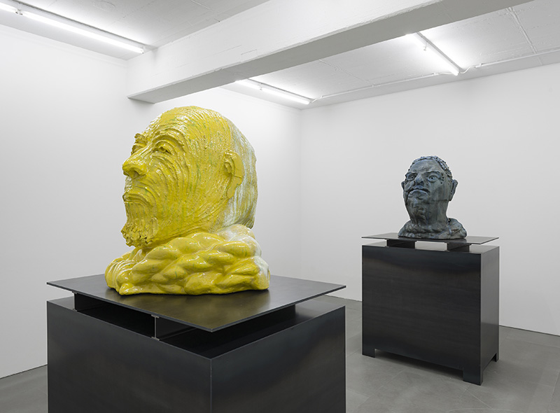 Left to Right: Thomas Schütte, Großer Doppelkopf Nr. 6, 2015, Glazed ceramic, steel, 208 x 120 x 80 cm & Thomas Schütte, Großer Doppelkopf Nr. 4, 2015, Glazed ceramic, steel, 205 x 120 x 80 cm, Photo: Trevor Good, Courtesy the artist and carlier|gebauer