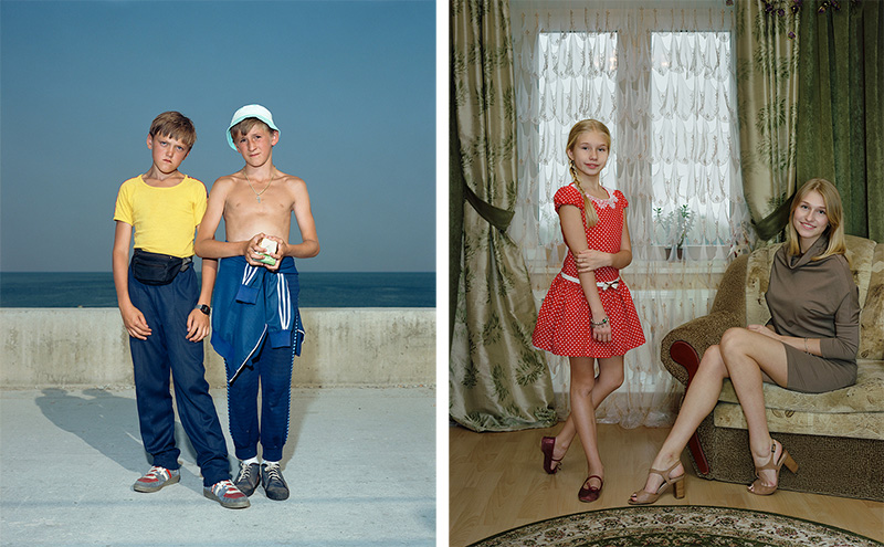 Left: Rineke Dijkstra, Odessa, Oekraïne, August 6, 1993, © Rineke Dijkstra, Stedelijk Museum Archive. Right: Rineke Dijkstra, Marianna and Sasha, Kingisepp, Russia, 2 November 2014, © Rineke Dijkstra, Stedelijk Museum Archive
