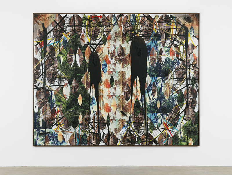Rashid Johnson, Untitled Mask Collage, 2017, Vinyl, spray enamel, oil stick, black soap, and wax, 244 x 305 x 5 cm, © the artist, Courtesy Hauser & Wirth