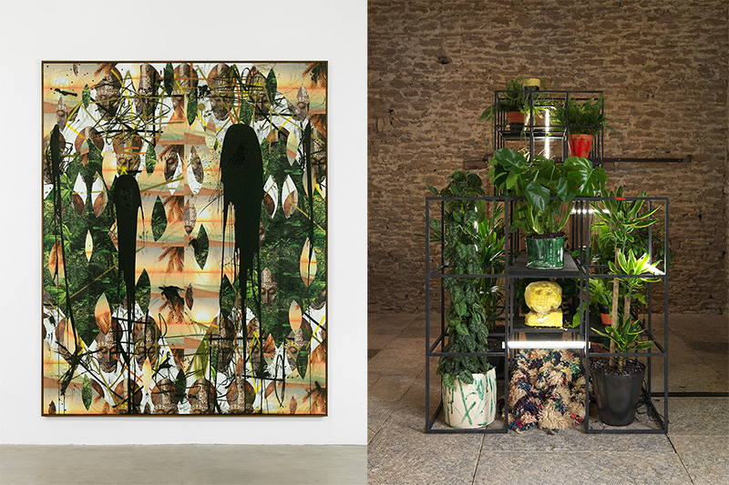 Left: Rashid Johnson, Untitled Mask Collage, 2017, Vinyl, spray enamel, oil stick, black soap, and wax, 305 x 244 x 5, © the artist, Courtesy Hauser & Wirth. Right: Rashid Johnson, Untitled Stranger, 2017, Black steel, plants, ceramic, grow lights, shea butter, spray enamel, books, Moroccan rug, black soap, and wax, 300 x 152 x 152 cm, © the artist, Courtesy Hauser & Wirth
