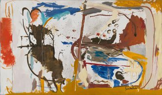 Helen Frankenthaler, First Creatures, 1959, Oil, enamel, charcoal, and pencil on sized, primed linen, 164.5 × 281.9 cm, Photo: Rob McKeever, © 2017 Helen Frankenthaler Foundation, Inc./Artists Rights Society (ARS)-New York, Gagosian Gallery Archive