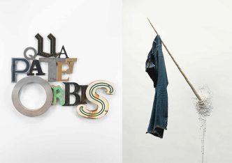 Left: Jack Pierson, Qua Patet Orbis, 2014, Metal, plastic, 137.2 x 167.6 cm, Schloss Tüssling Projects Archive. Right: John Isaacs, If your dreams are not your own how can you claim to own them, 2010, Plaster, horn, trousers, 132 x 46 x 210 cm, Schloss Tüssling Projects Archive