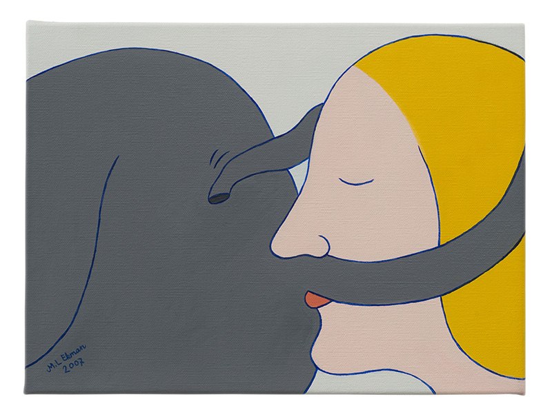 Marie-Louise Ekman, Lady and Elephant-street II, 2007, Oil on canvas, 30 x 38 cm, © Marie-Louise Ekman/Bildupphovsrätt 2017, Courtesy Moderna Museet