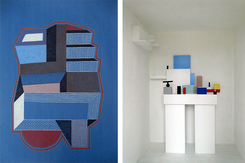 Left: Nathalie Du Pasquier, Drawing, 2014, 70x100 cm, Courtesy Pace Gallery. Right: Nathalie Du Pasquier, Gagarine's shrine, 2014, Painted wood, Courtesy Pace Gallery
