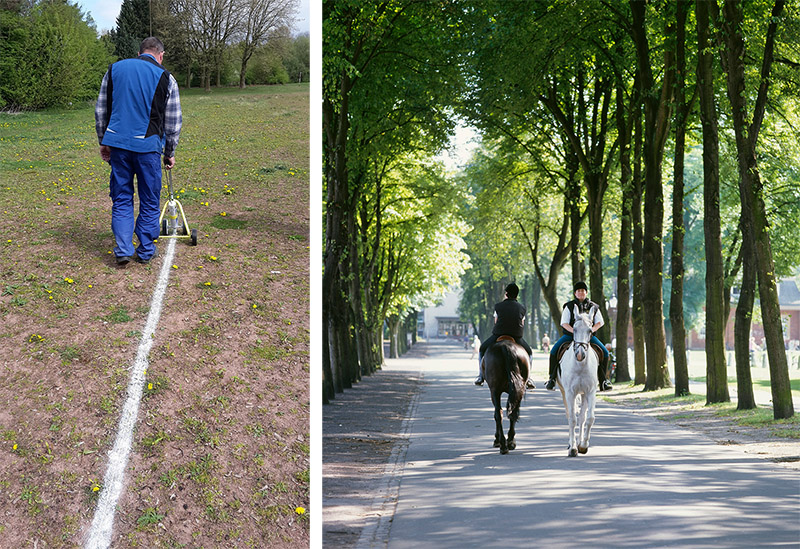 Left: Joelle Tuerlinckx, Le Tag /200m, Marl, 2017 (Testlauf), © Christa Appel. Right: Reiner Ruthenbeck, Begegnung Schwarz/Weiss, Aktion, 1997,Münster; © LWL-MKuK, Skulptur Projekte Archive, Photo: Roman Mensing