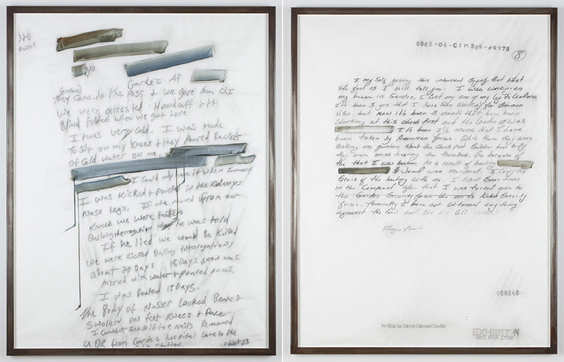 Left : Jenny Holzer, cold water, 2016, Graphite and watercolour on vellum, 147.3 x 111.8 cm, © 2017 Jenny Holzer, member Artists Rights Society (ARS), NY, Photo: Jake Forney, Hauser & Wirth Gallery Archive. Right: Jenny Holzer, I my self, 2017, Graphite and watercolor on vellum, 147.3 x 111.8 cm, © Jenny Holzer, member Artists Rights Society (ARS), NY, Photo: Jake Forney, Hauser & Wirth Gallery Archive