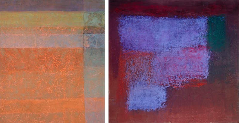 Left: Monique Frydman, Des saisons avec Bonnard 2/2, 2010, Pigments and binding agent on linen canvas, 130 x 97 cm, Collection Mr and Mrs Eric Freymond Courtesy of Laurence Dreyfus Art Conseil, Photo: Patrick Goetlen, Parasol unit foundation for contemporary art Archive. Right: Monique Frydman, L’Ombre du rouge VII, 1990, Pastel, pigments and binding agent on linen canvas, 154 x 162 cm, Collection Mr. and Mrs Eric Freymond, Courtesy of Bogéna Galerie, Photo: Patrick Goetlen, Parasol unit foundation for contemporary art Archive