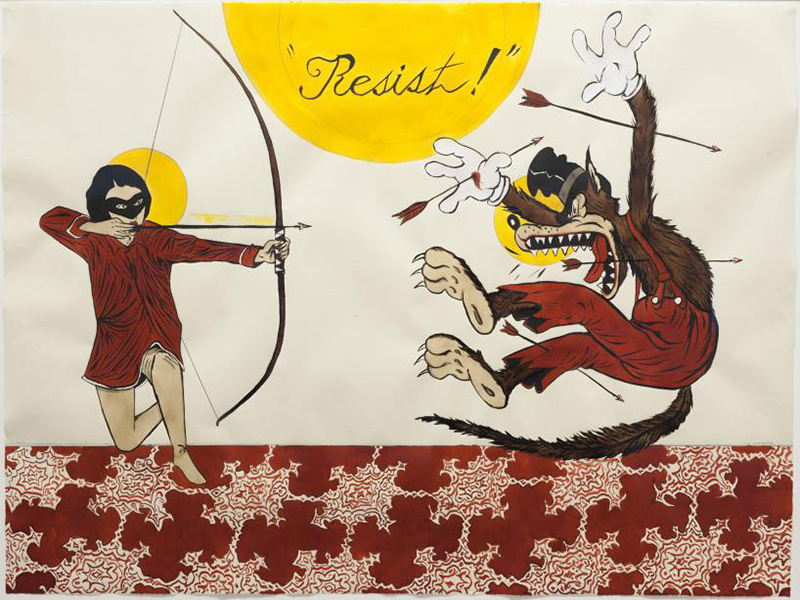 Marcel Dzama, Resist! #2, 2017, Watercolor and graphite on paper, 79,4 x 105 cm, Galleri Magnus Karlsson Archive