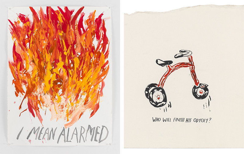 Left: Raymond Pettibon, No Title (I mean alarmed), 2013, Collection Joseph and Kimberley Mimran, Bonnefanten Museum Archive. Right: Raymond Pettibon, No Title (Who will finish…), 1998, Bonnefanten Museum Archive