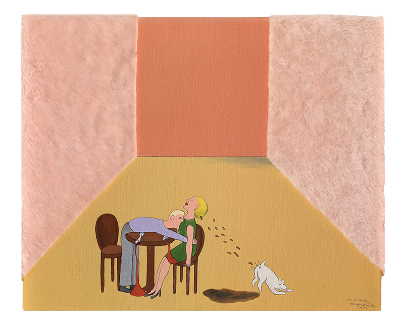 Marie-Louise Ekman, At Home With a Lady III, 1973, Oil on canvas, artificial fur, 54 x 65 cm, © Marie-Louise Ekman/Bildupphovsrätt 2017, Courtesy Moderna Museet