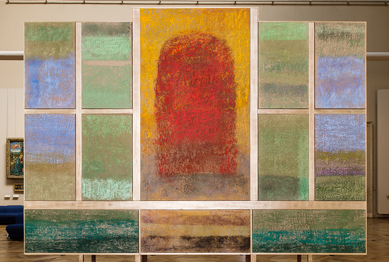 Monique Frydman, Polyptyque Sassetta, 2012-2013, Pastel, pigments and binding agent on linen canvas, gold-leaf gilded wood, 332 x 400 x 150 cm. Collection of the artist, Photo: A. Drittanti, Collection of the artist, Monique Frydman studio, Parasol unit foundation for contemporary art Archive