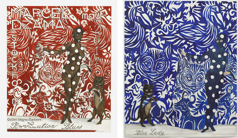Left: Marcel Dzama, Red Stockholm, 2017, Watercolor and graphite on paper, 43,2 x 35,6 cm, Galleri Magnus Karlsson Archive. Right: Marcel Dzama, Blue Lady, 2017, Watercolor and graphite on paper, 43,2 x 35,6 cm, Galleri Magnus Karlsson Archive