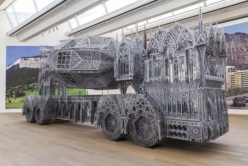 Wim Delvoye, Cement Truck, 2016, Installation view at MUDAM, 2016, Laser-cut Corten steel, 410 x 950 x 215 cm, Sepherot Foundation-Liechtenstein, © 2017 ProLitteris-Zurich / Wim Delvoye, Photo: Studio Wim Delvoye-Belgium, Museum Tinguely Archive
