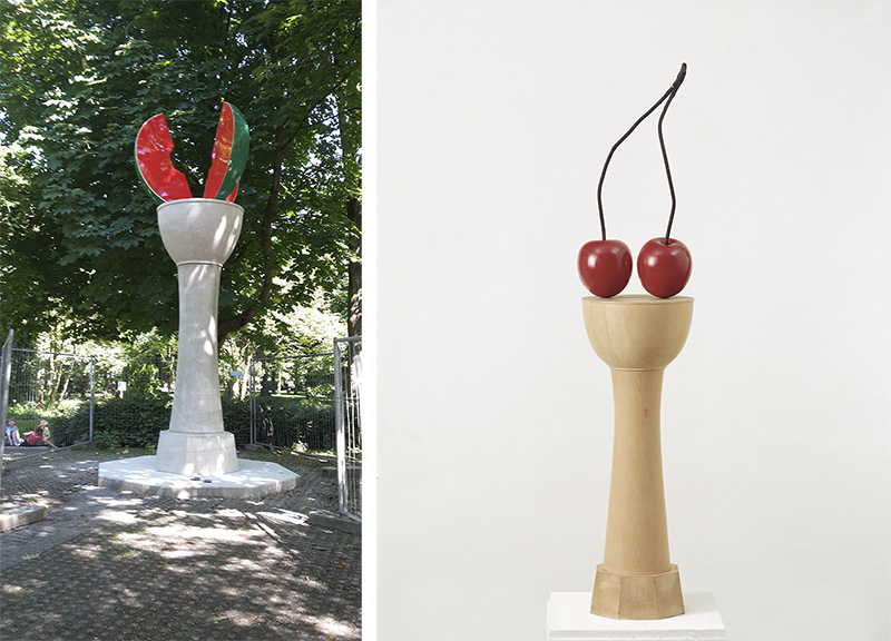 Left: Thomas Schütte, Melonensäule, Marl, 2017, © Christa Appel. Right: Thomas Schütte, Kirschensäule, Modell, 1987, © LWL-MKuK, Skulptur Projekte Archive, Photo: Rudolf Wakonigg