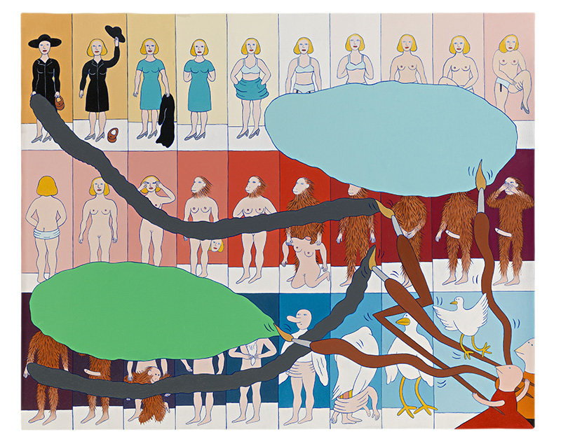 Marie-Louise Ekman, Bird Child Painting and Striptease, 2015-16, Oil on canvas, 81 x 100 cm, © Marie-Louise Ekman Bildupphovsrätt 2017, Courtesy Moderna Museet