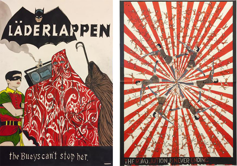 Left: Marcel Dzama, The Bueys can’t Stop Her, 2017, Gouache, and graphite on paper, 112,4 x 76,2 cm, Galleri Magnus Karlsson Archive. Right: Marcel Dzama, The Revolution is Never Ending, 2017, Collage, watercolor, graphite, and ink on silkscreen, 2 parts, 150, 5 x 106 cm, Galleri Magnus Karlsson Archive