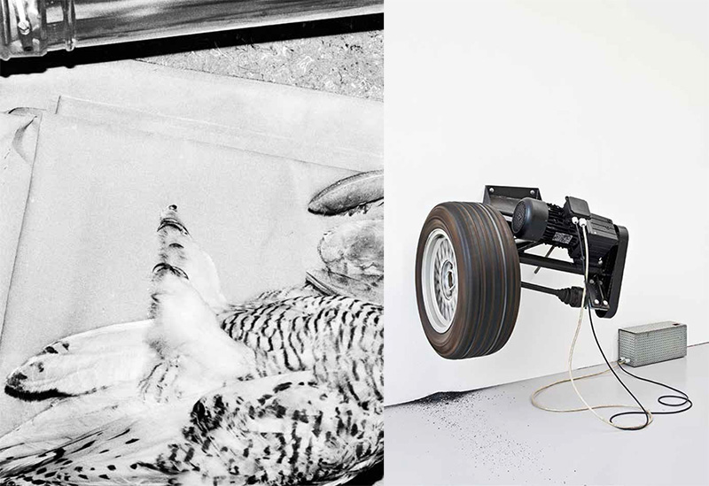 Left: Andrea Stappert, Not titled yet, 2017, Fine Art Print on Hahnemühle, approx. 184 x 143 cm, Schloss Tüssling Projects Archive. Right: Michael Sailstorfer, Zeit ist keine Autobahn, Frankfurt, 2008, Tyre, iron, electric motor, 80 x 65 x 95 cm, Schloss Tüssling Projects Archive
