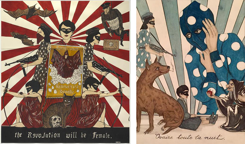 Left: Marcel Dzama, Revolutionen Kommer vara Kvinnlig, 2017, Watercolor and graphite on paper, 170,5 x 154 cm, Galleri Magnus Karlsson Archive. Right: Marcel Dzama, Sleeping on the Concrete, Surrounded by Villains or Ovaire toute la nuit, 2017, Watercolor and graphite on paper, 40,6 x 30,5 cm, Galleri Magnus Karlsson Archive