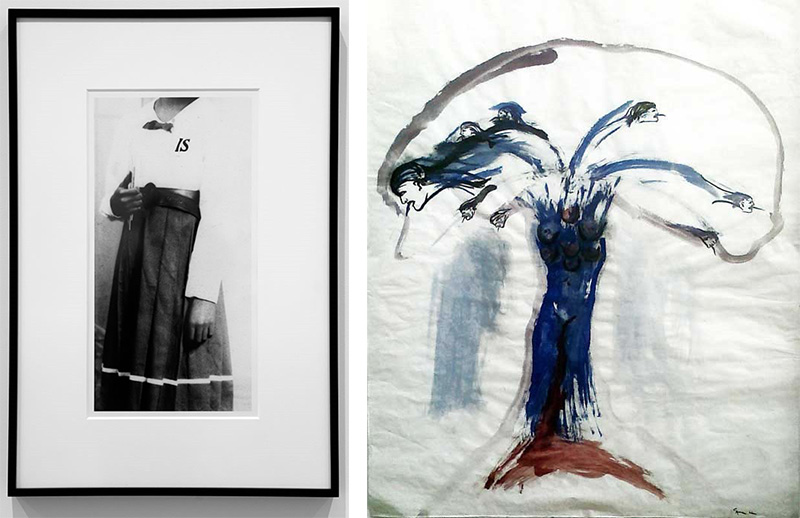 Left: Lorna Simpson, IS, 1991, The New School Art Collection Archive. Right: Nancy Spero, Female Bomb, 1966, The New School Art Collection Archive