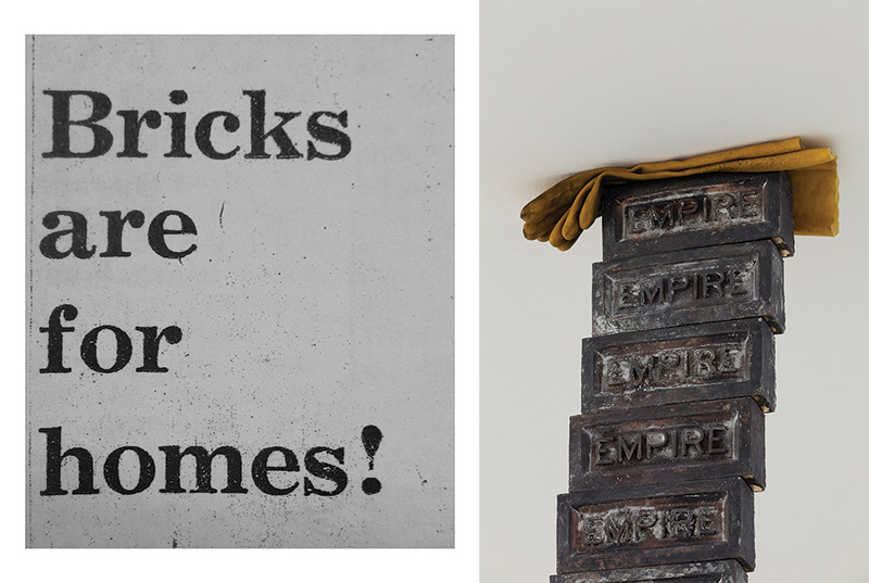 Left: Elisabetta Benassi, Bricks, Courtesy Elisabetta Benassi, Collezione Maramotti Archive. Right: Elisabetta Benassi, Infinity (Detail), 2017, Bronze, wood wedges, gloves, 310 x 40 x 47 cm, © Elisabetta Benassi, Photo: Andrea Rossetti, Courtesy Collezione Maramotti