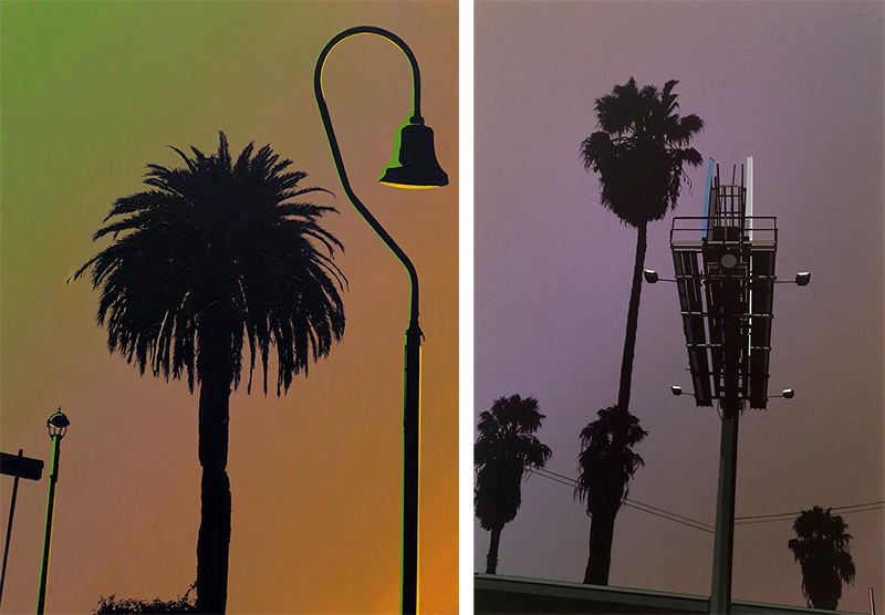 Left: Glen Rubsamen, El Camino Real, 2017, Acrylic on panel, 61 x 45.7 cm, Courtesy of the artist and Christopher Grimes Gallery-Santa Monica. Right: Glen Rubsamen, Total Lack of Remorse, 2017, Acrylic on panel, 122 x 91.4 cm, Courtesy of the artist and Christopher Grimes Gallery-Santa Monica
