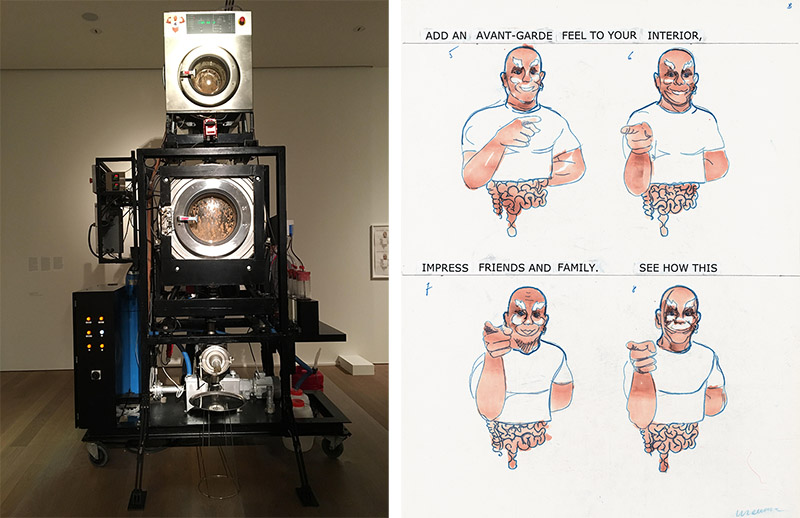 Left: Wim Delvoye, Cloaca Quattro, 2004-05, Mixed Media, 340 x 210 x 210 cm, © 2017 ProLitteris-Zürich / Wim Delvoye, Photo: Studio Wim Delvoye-Belgium, Museum Tinguely Archive. Right: Wim Delvoye, untitled (Study #193), 2001-02. Colour pencil, watercolour, collage and marker on paper, 65 x 50 cm, © 2017 ProLitteris-Zurich / Wim Delvoye, Museum Tinguely Archive