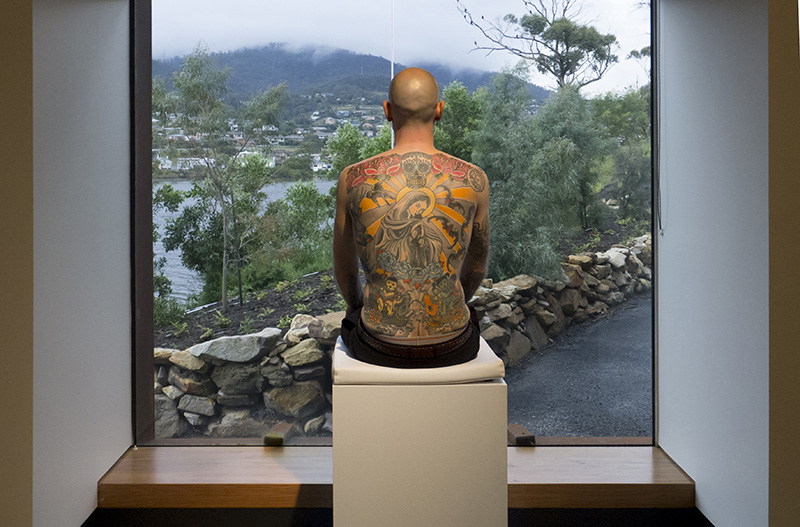 Wim Delvoye, Tim, 2006-08, Tattooed skin, lifesize, Installation view at MONA-Hobart (AUS), 2010, © 2017 ProLitteris-Zurich / Wim Delvoye, Photo: Studio Wim Delvoye-BelgiumMuseum Tinguely Archive