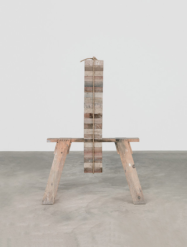 Charles Ray, Untitled, 1973, Wood, rope and brick, 178 x 127 x 58 cm, Photo: Josh White, © Charles Ray, Courtesy Matthew Marks Gallery