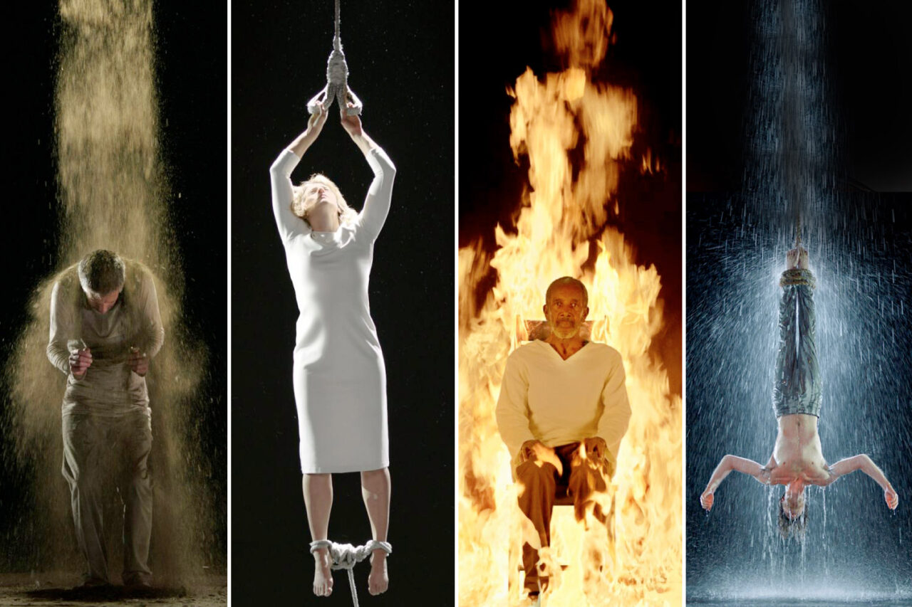 Bill Viola: Earth Martyr, Air Martyr, Fire Martyr and Water Martyr, 2014, Four individual Colour High-Definition videos on flat panel displays mounted vertically on wall, © Kira Perov, Courtesy of Bill Viola Studio