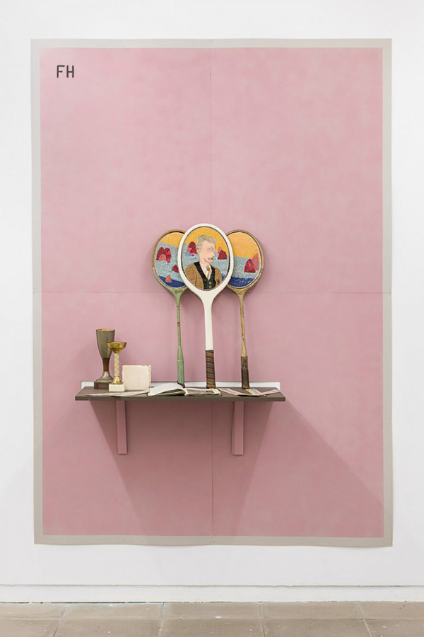 f.marquespenteado, FH - Frederic Hauser, 2016, Tennis racket with hand embroidery on PVC, leather books, marble trophy, Dimensions variable, © f.marquespenteado, Courtesy Mendes Wood DM and Gladstone Gallery-New York a/Brussels