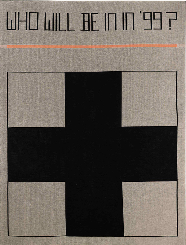 Rosemarie Trockel, Who Will Be In In '99?, 1988, signed, titled and dated 1988 (on fabric affixed to the stretcher), knitted wool stretched over canvas, 210.2 x 160 cm., This work is number two from an edition of three, plus one artist's proof, (L0454 / 5776), © DACS 2017, Skarstedt Archive