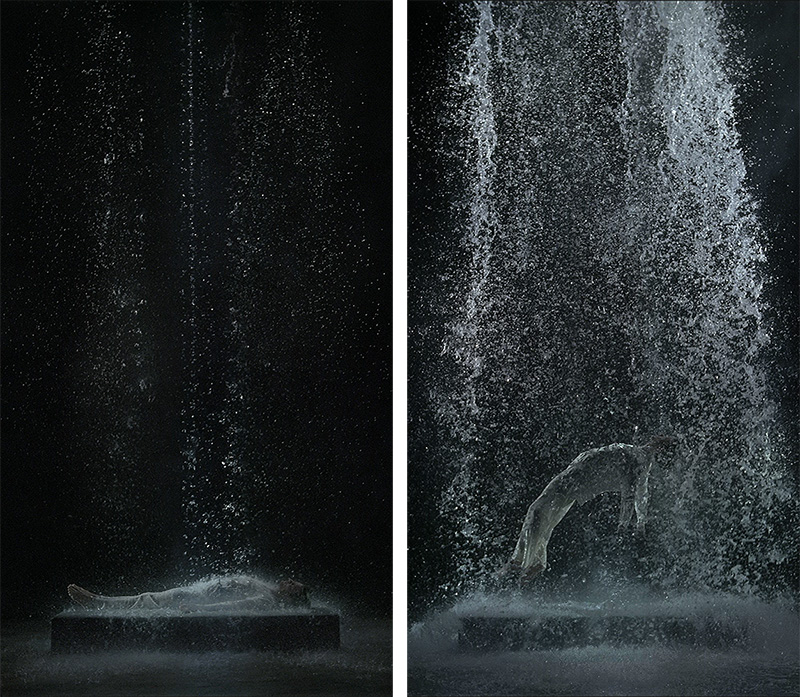 Left & Right: Bill Viola: Tristan’s Ascension (The Sound of a Mountain Under a Waterfall), 2005, Color High-Definition video projection, four channels of sound with subwoofer (4.1), 10:16 minute. Performer: John Hay, © Kira Perov, Courtesy of Bill Viola Studio