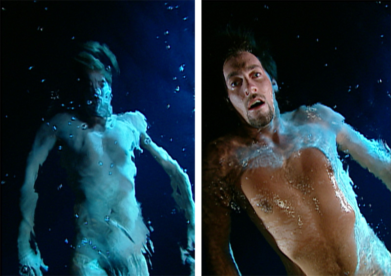Left & Right: Bill Viola, The Messenger, 1996, Video/sound installation, Color video projection on large vertical screen mounted on wall in darkened space, amplified stereo sound, Continuously running. Performer: Chad Walker, © Kira Perov, Courtesy of Bill Viola Studio