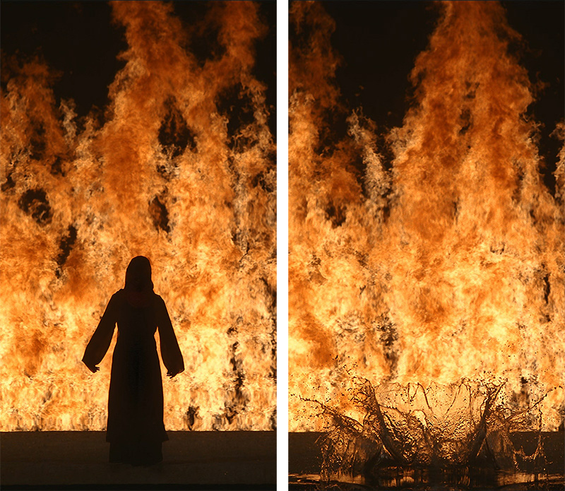 Left & Right: Bill Viola, Fire Woman, 2005, Color High-Definition video projection, four channels of sound with subwoofer (4.1), Performer: Robin Bonaccorsi, © Kira Perov, Courtesy of Bill Viola Studio