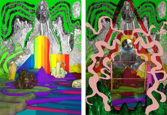 Left & Right: Benedict Drew, Production image for The Trickle-Down Syndrome, 2017, Drawing, © Benedict Drew, Courtesy of the Artist and Matt’s Gallery-London, Whitechapel Gallery Archive